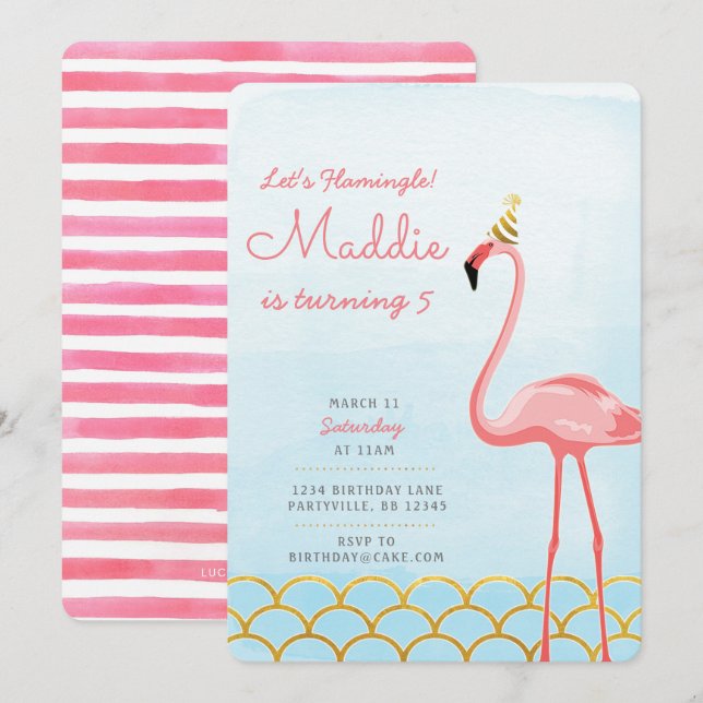 Invitación de cumpleaños de Flamingo (Anverso / Reverso)