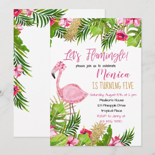 Invitación de cumpleaños de Flamingo (Anverso / Reverso)