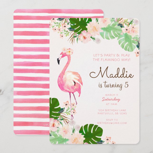 Invitación de cumpleaños de Flamingo (Anverso / Reverso)