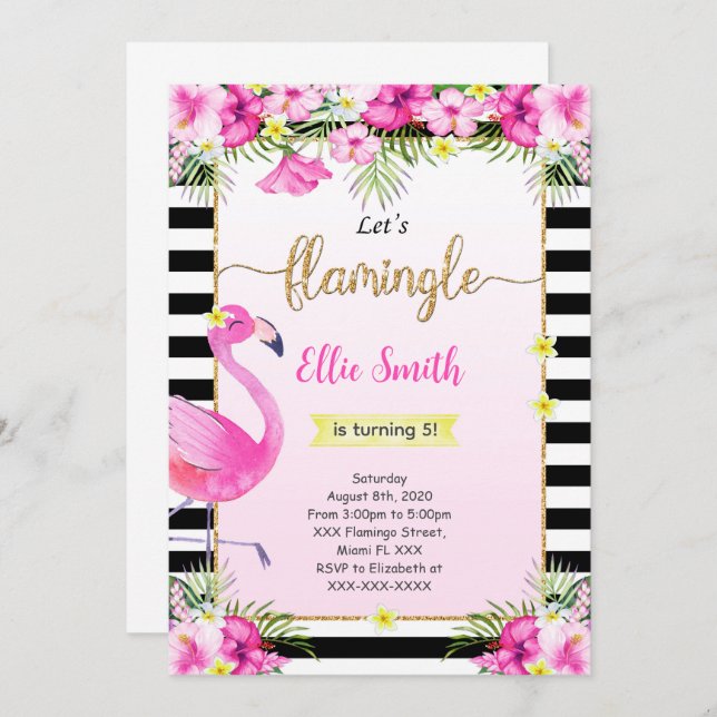 Invitación de cumpleaños de Flamingo editable (Anverso / Reverso)