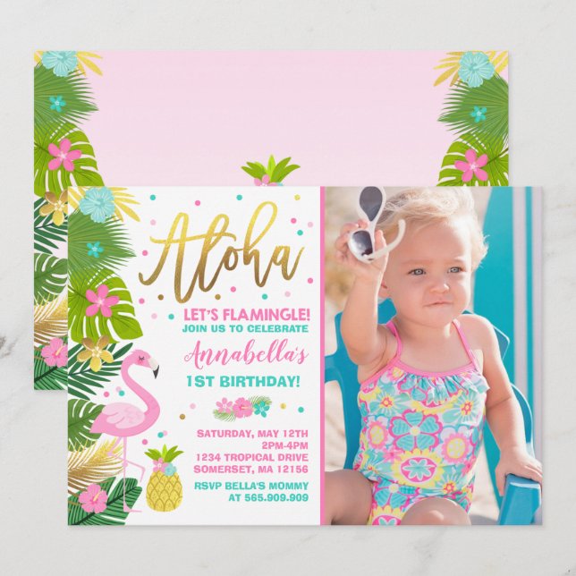 Invitación de cumpleaños de Flamingo Fiesta de Lua (Anverso / Reverso)