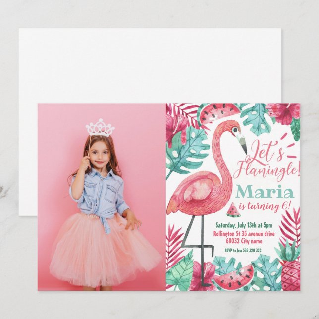 Invitación de cumpleaños de Flamingo Foto Flamingo (Anverso / Reverso)