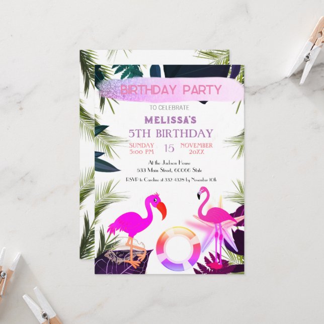 Invitación de cumpleaños de Flamingo, linda invita (Anverso/Reverso In Situ)