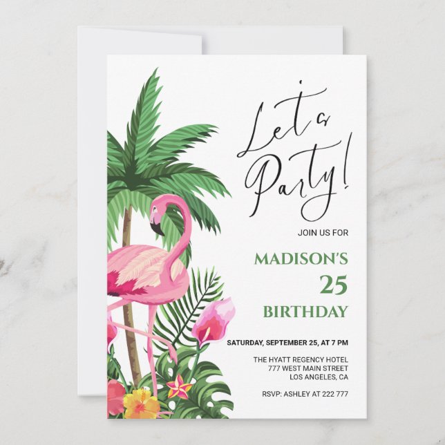 Invitación de cumpleaños de Flamingo Rosa (Anverso)