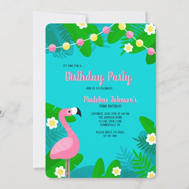 Invitación de cumpleaños de Flamingo Rosa (Anverso)