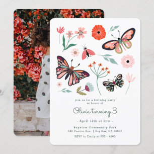 Invitación de cumpleaños de flor de mariposa rosa
