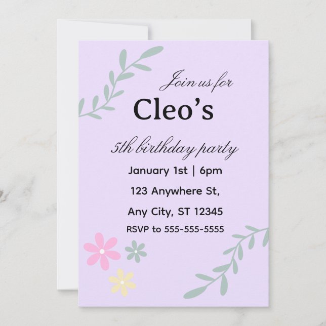 Invitación de cumpleaños de flor editable (Anverso)