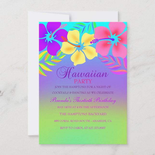 Invitación de cumpleaños de flor hawaiana arcoíris (Anverso)