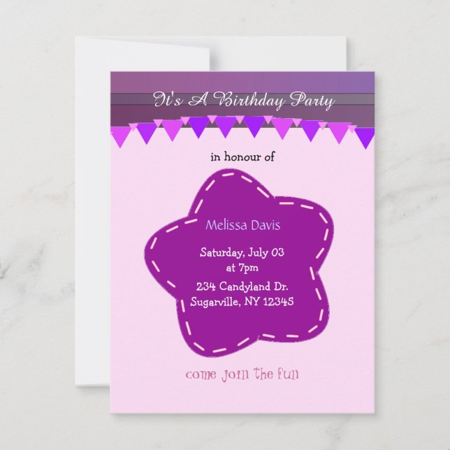 Invitación de cumpleaños de flor morada y rayas (Anverso)