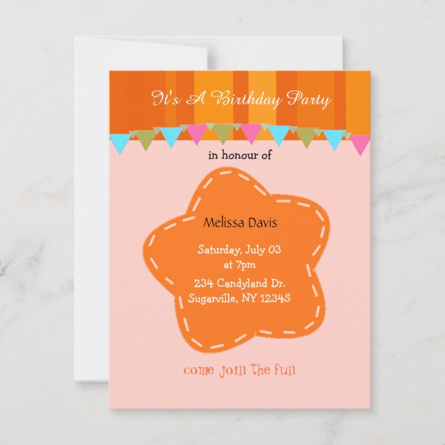 Invitación de cumpleaños de flor naranja y rayas (Anverso)