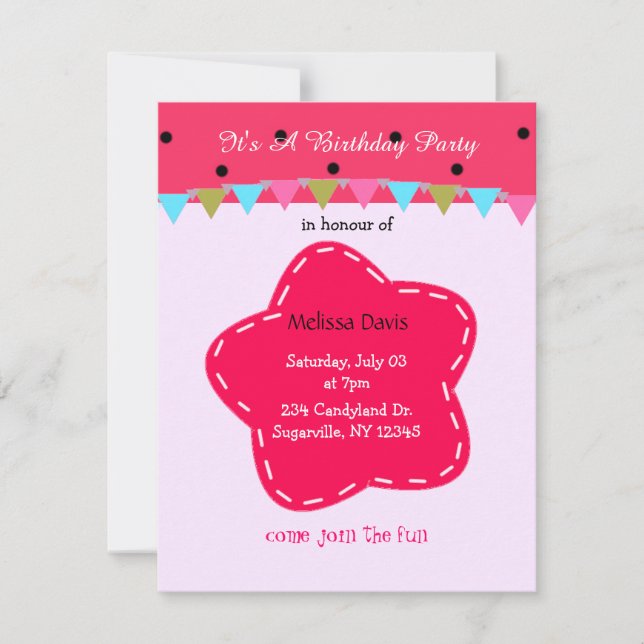 Invitación de cumpleaños de flor rosa profunda y p (Anverso)