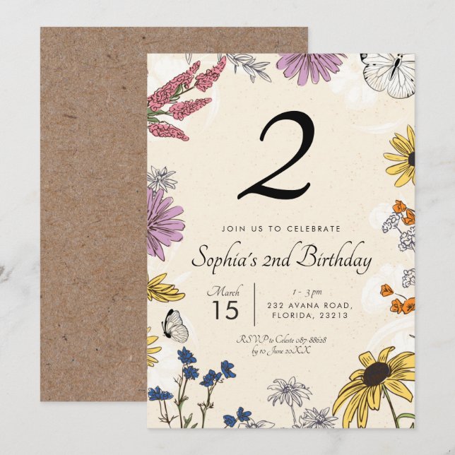Invitación de cumpleaños de Flor silvestre (Anverso / Reverso)