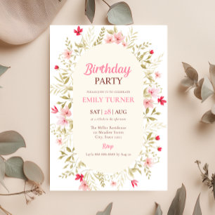 Invitación de cumpleaños de flor silvestre rosa