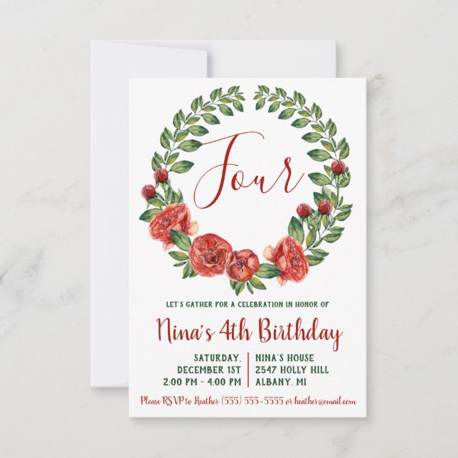 Invitación de cumpleaños de flor verde y roja (Anverso)