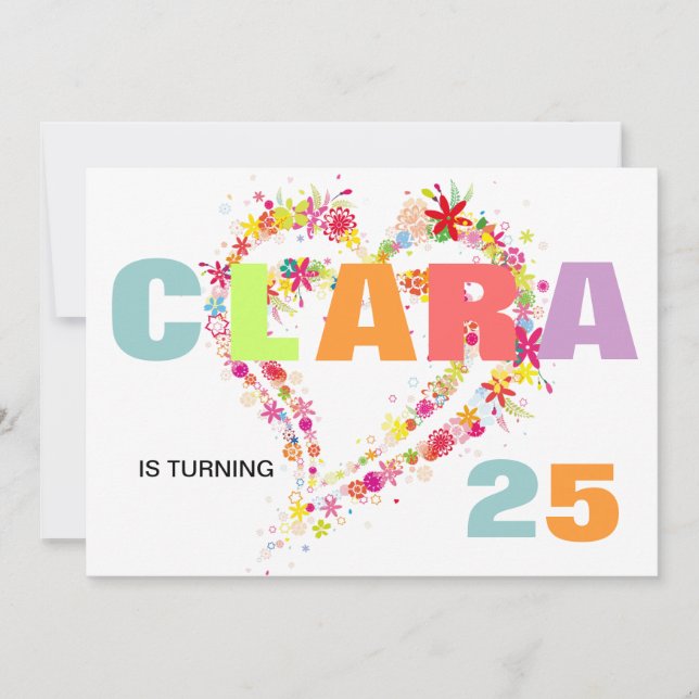 Invitación de cumpleaños de flor Wreath Heart (Anverso)