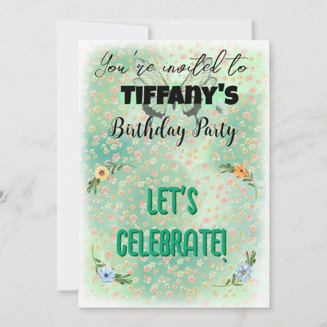 Invitación de cumpleaños de Flor y Mariposa (Anverso)