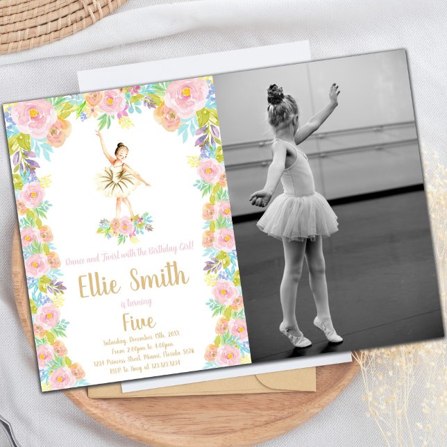 Invitación de cumpleaños de Floral Ballerina con f (Floral Ballerina Birthday Invitations with photo)