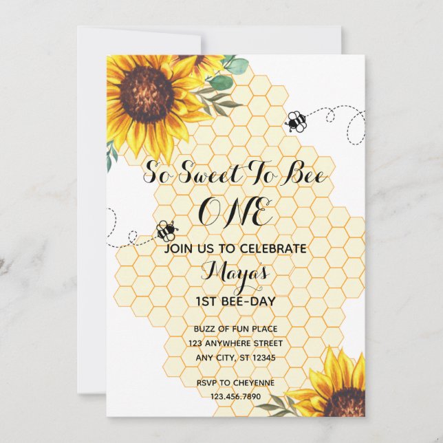 Invitación de cumpleaños de floral Bee First Bee d (Anverso)