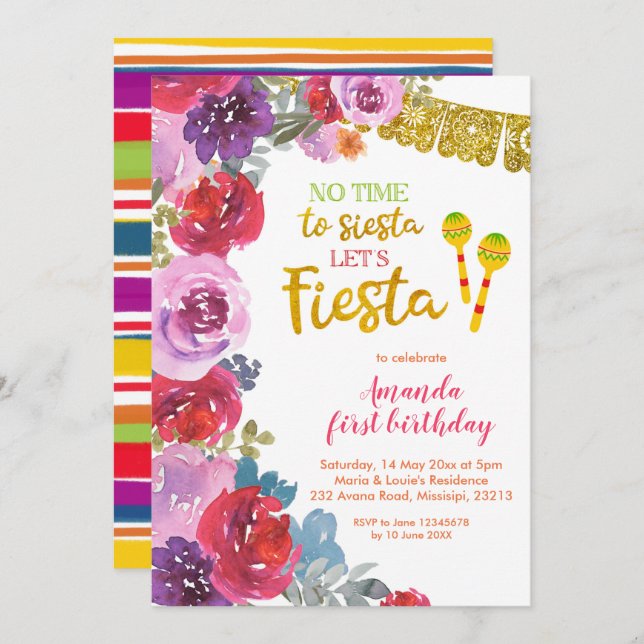 Invitación de cumpleaños de Floral Fiesta (Anverso / Reverso)