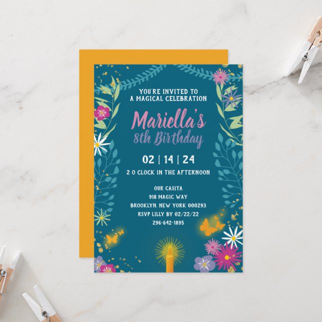 Invitación de cumpleaños de Floral Magic (Anverso/Reverso In Situ)