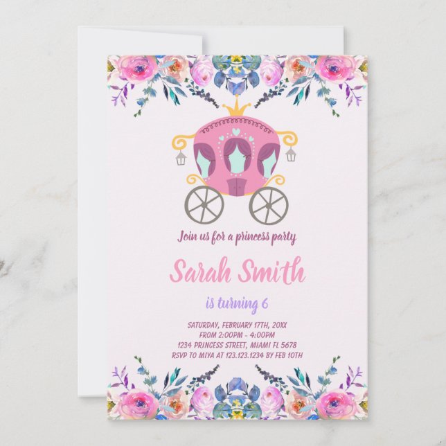 Invitación de cumpleaños de floral Princesa Carria (Anverso)