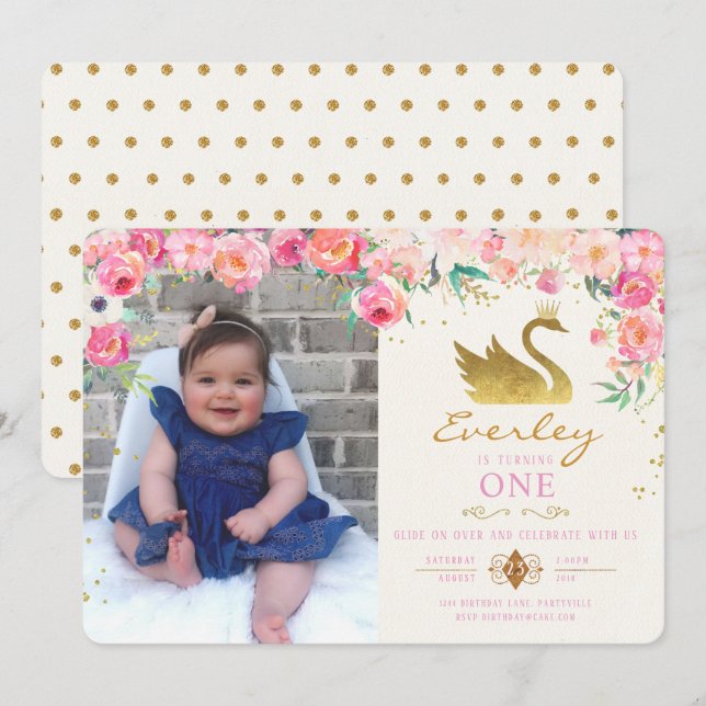 Invitación de cumpleaños de floral rosa a princesa (Anverso / Reverso)