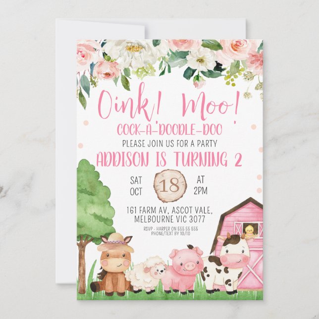 Invitación de cumpleaños de Floral Rosa y Granja B (Anverso)