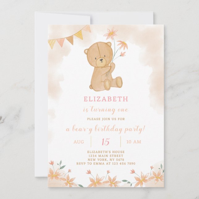 Invitación de cumpleaños de Floral Teddy (Anverso)
