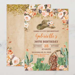 Invitación de cumpleaños de Floral Western Cowgirl