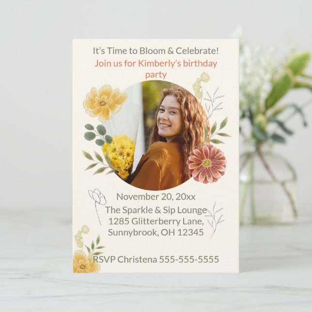 Invitación de Cumpleaños de Florería Bloom & Celeb (Anverso de pie)