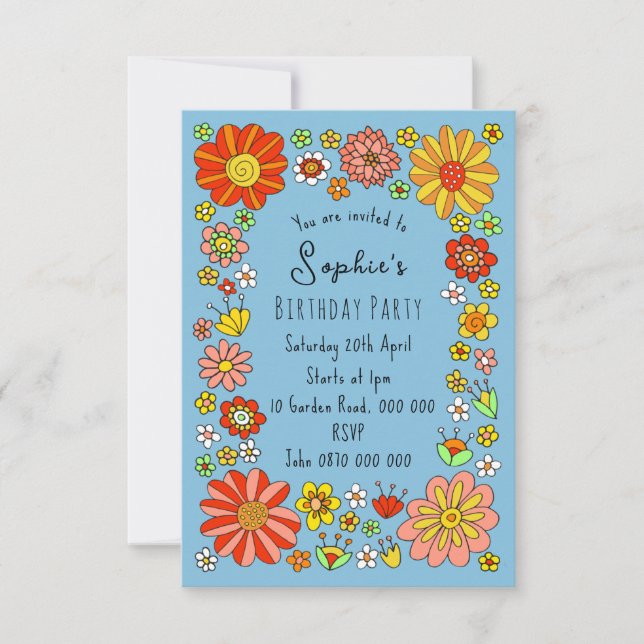 Invitación de cumpleaños de flores coloridas (Anverso)