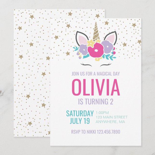 Invitación de cumpleaños de flores de arcoíris de  (Anverso / Reverso)