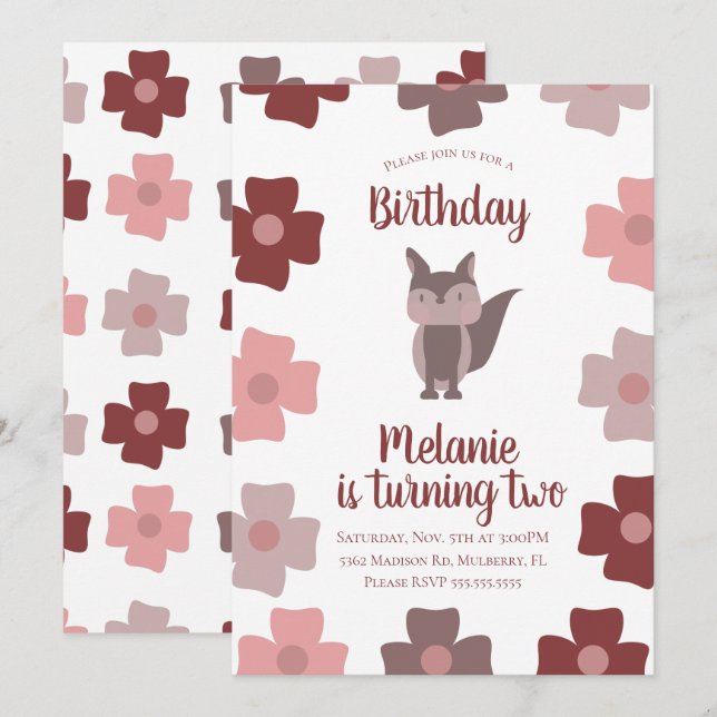 Invitación de cumpleaños de flores de zorro lindo (Anverso / Reverso)