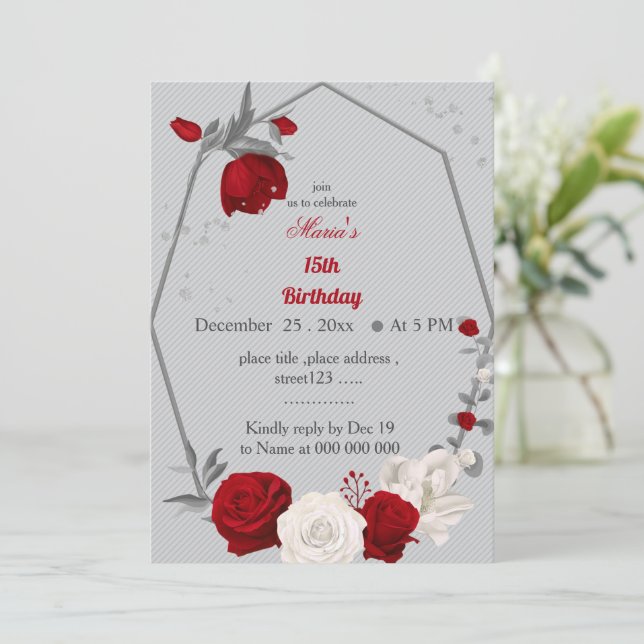 invitación de cumpleaños de flores rojas y blancas (Anverso de pie)