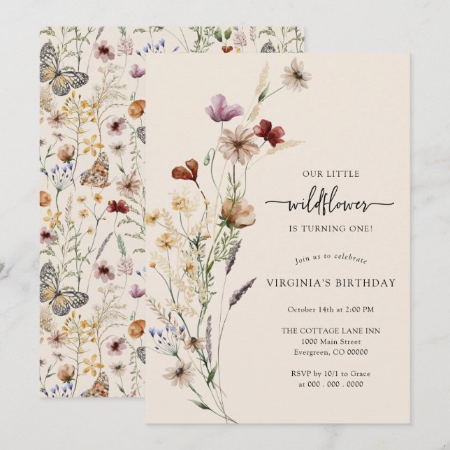 Invitación de cumpleaños de flores silvestres Boho (Anverso / Reverso)