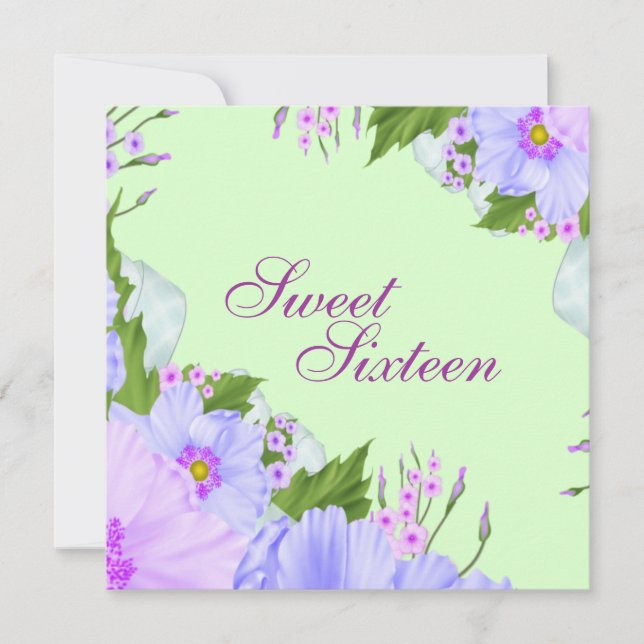 Invitación de cumpleaños de flores verdes moradas  (Anverso)