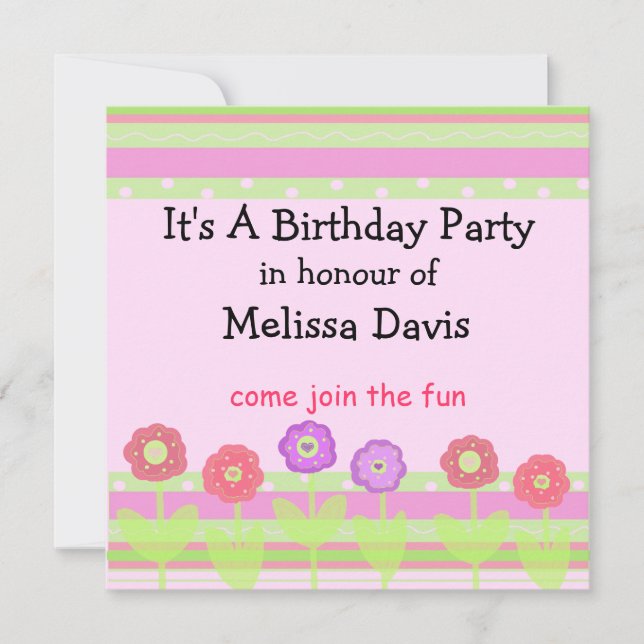 Invitación de cumpleaños de flores y rayas moderna (Anverso)