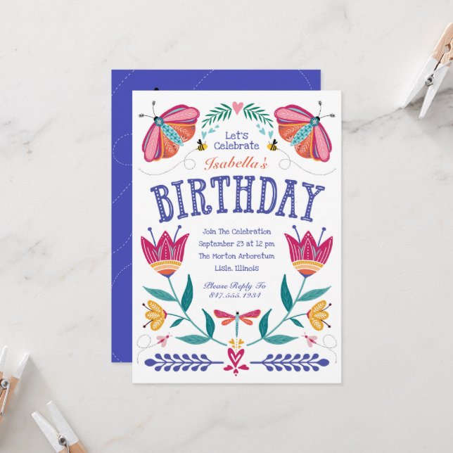 Invitación de cumpleaños de Folksy Bugs Kid (Anverso/Reverso In Situ)