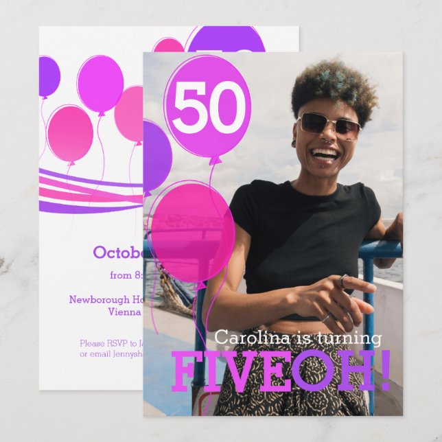 Invitación de cumpleaños de fotos del globo 50 FIV (Anverso / Reverso)
