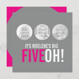 Invitación de cumpleaños de fotos: gris y rosa 50 