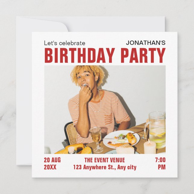 Invitación de cumpleaños de fotos minimalistas mod (Anverso)