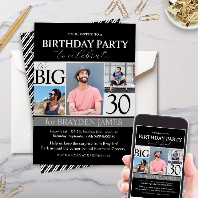 Invitación de cumpleaños de fotos modernas en blan (Modern Elegant Black and White over the hill theme birthday party invitation with photo collage)