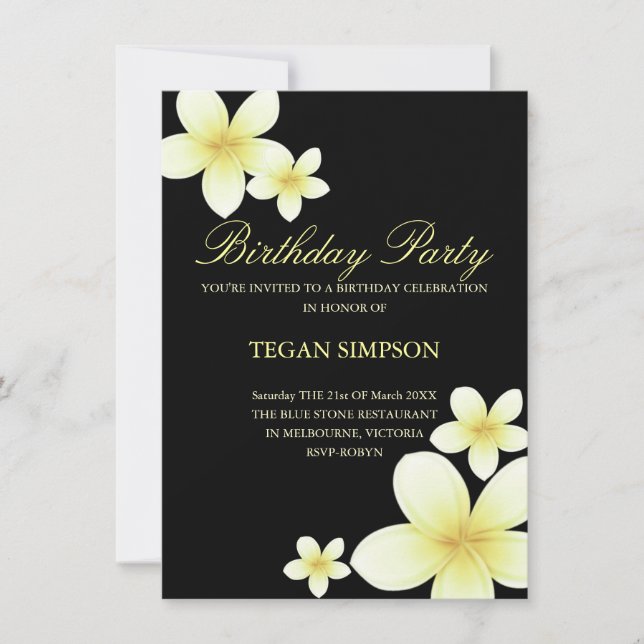 Invitación de cumpleaños de Frangipani amarillo y  (Anverso)