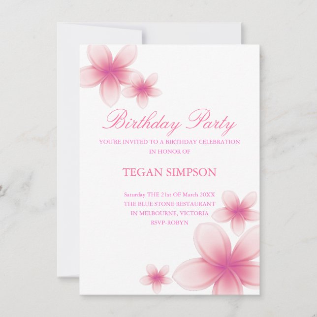 Invitación de cumpleaños de Frangipani rosa y blan (Anverso)