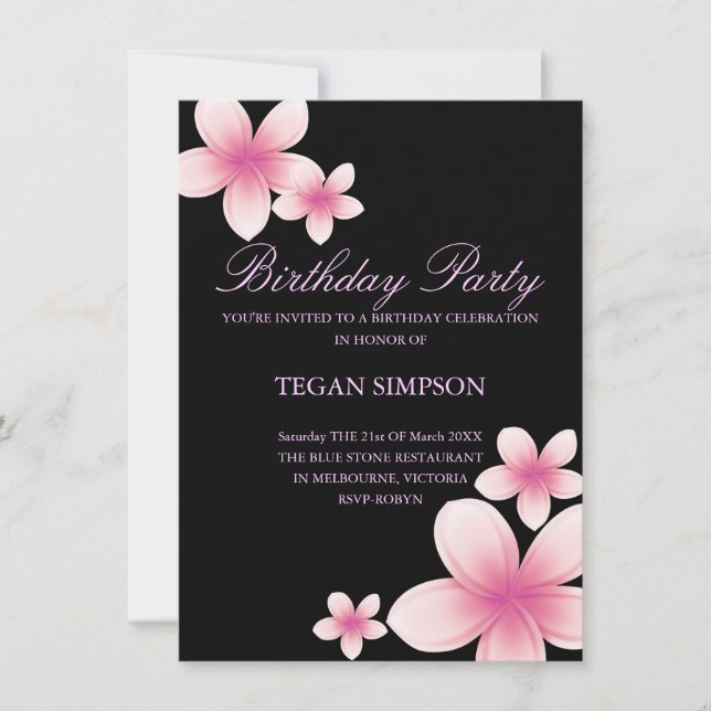 Invitación de cumpleaños de frangipani rosado y ne (Anverso)