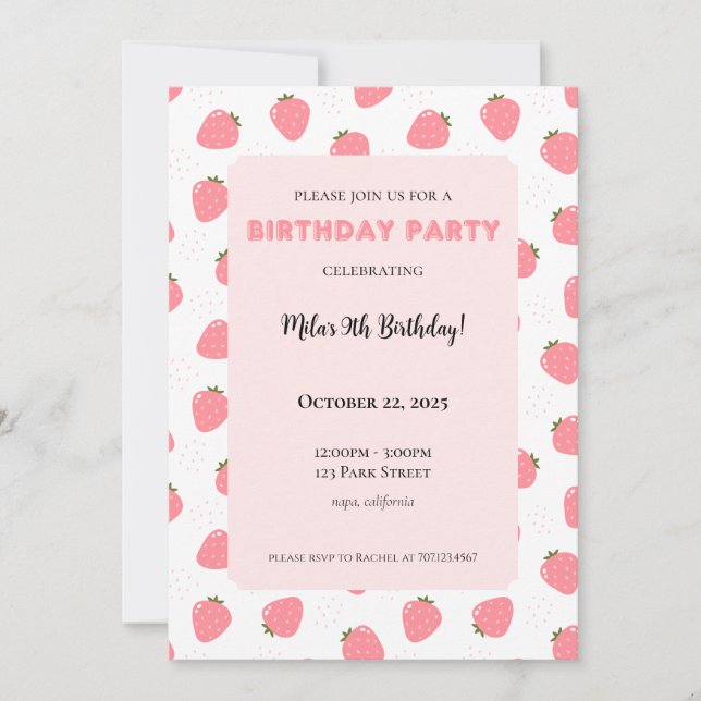 Invitación de cumpleaños de fresa (Anverso)