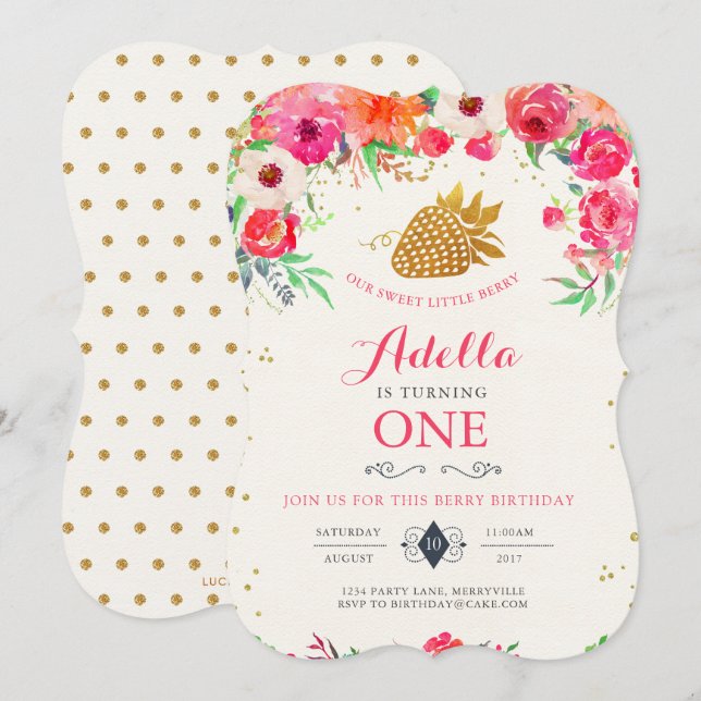 Invitación de cumpleaños de fresa (Anverso / Reverso)