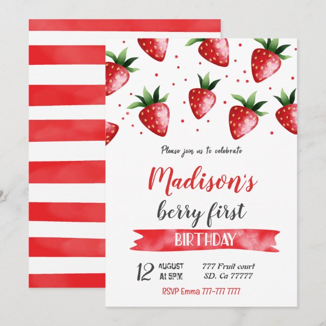 Invitación de cumpleaños de fresa (Anverso / Reverso)