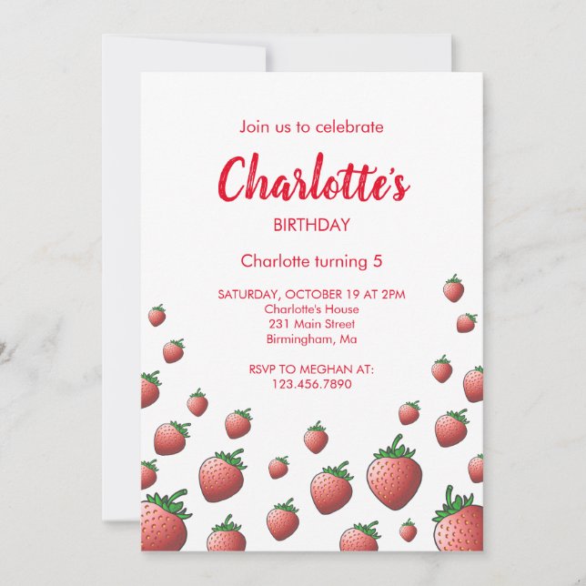 Invitación de cumpleaños de fresa (Anverso)