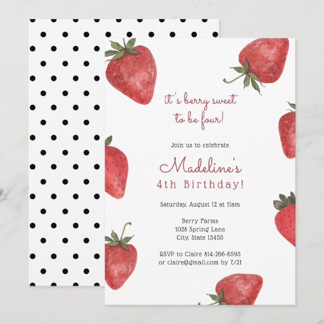 Invitación de cumpleaños de fresa Berry Sweet Birt (Anverso / Reverso)